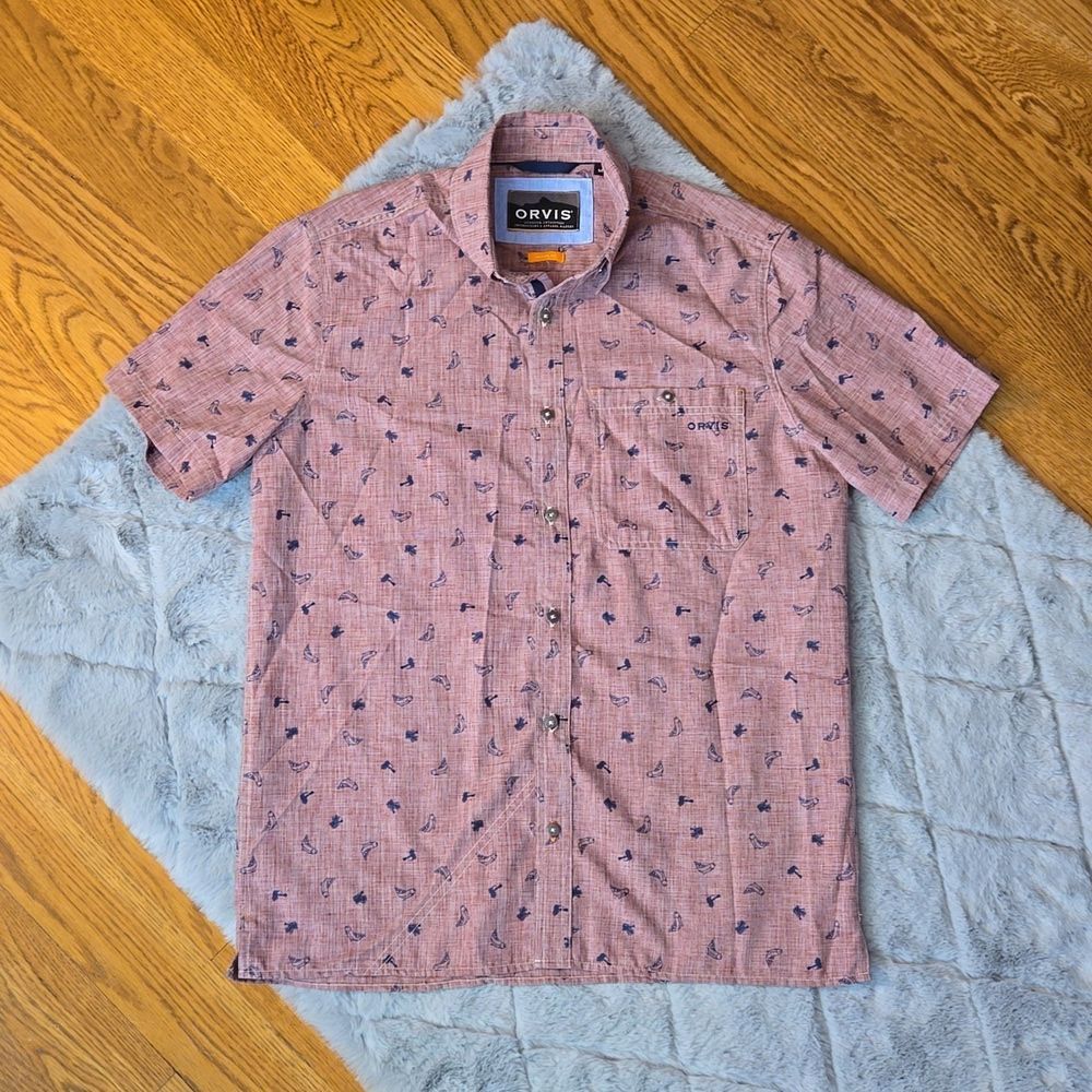 Orvis Maroon/Navy Button Down Short Sleeve Shirt, Men's Medium, Great Condition